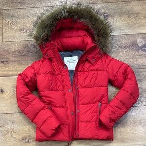 Abercrombie & Fitch Red Puffer Jacket with Faux Fur Hood